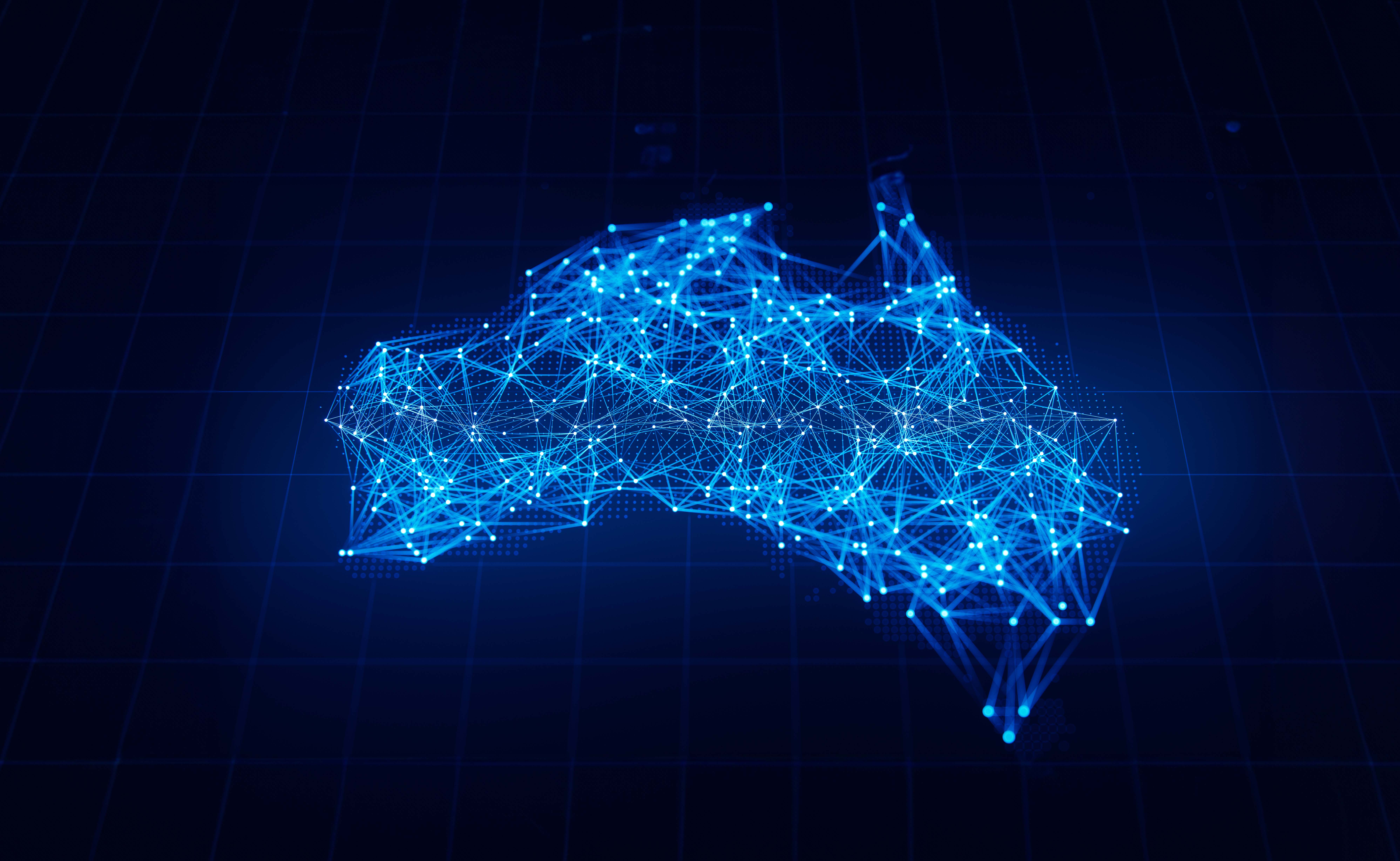 Digital outline of Australia formed by interconnected blue network lines on a dark grid background.