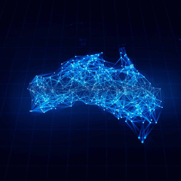 Digital outline of Australia formed by interconnected blue network lines on a dark grid background.